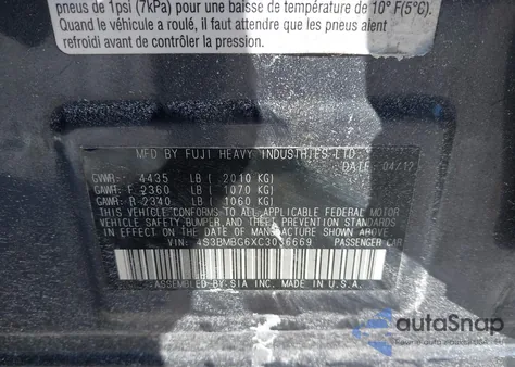 2012 Subaru Legacy 2.5I Premium z USA, uszkodzony, nr VIN 4S3BMBG6XC3036669